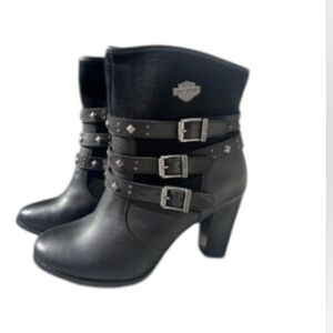 Harley Davidson Studded Triple-Buckle Black High-Heel Ankle Boots